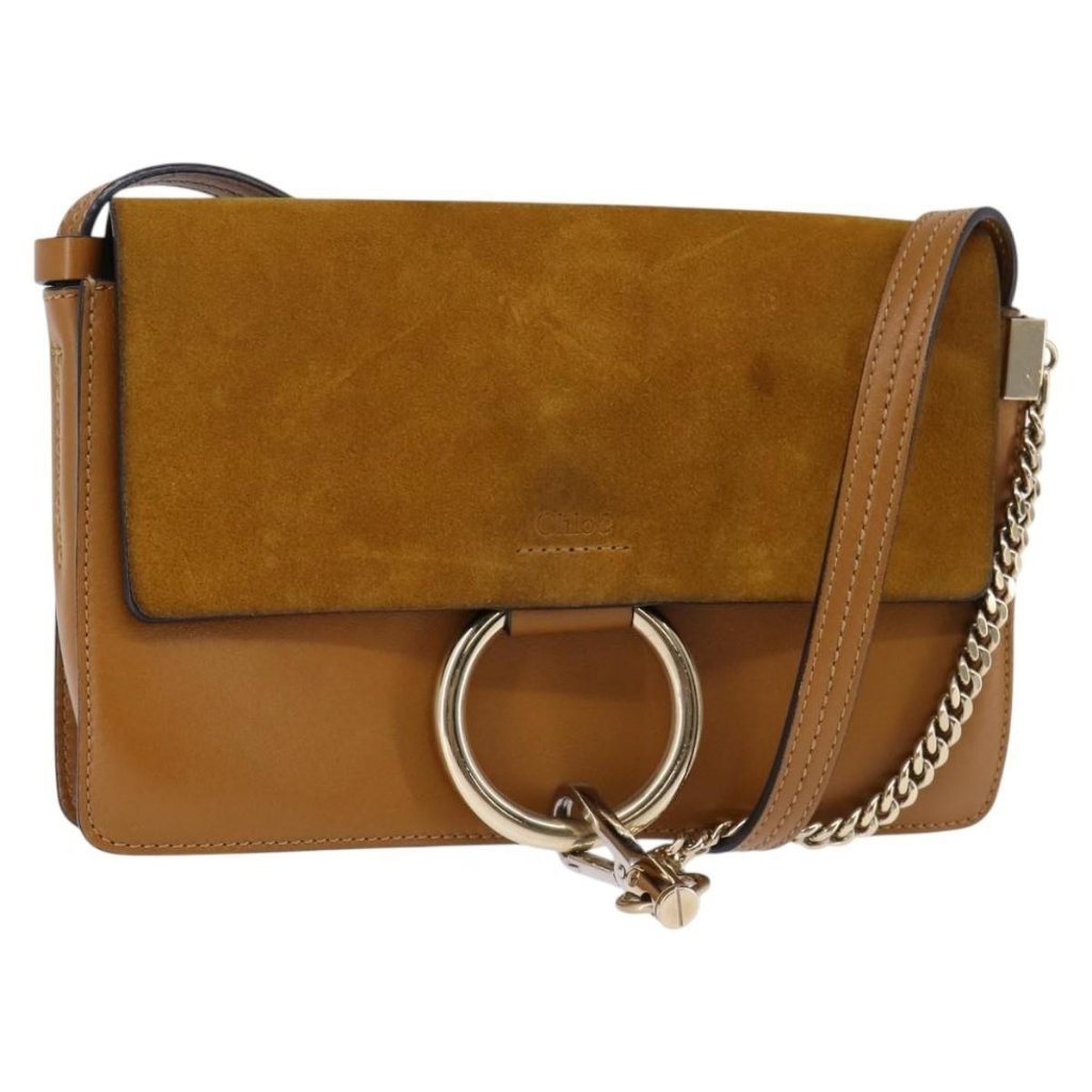 Authentic Chloe Fay Shoulder Bag Suede Leather Beige Gold
